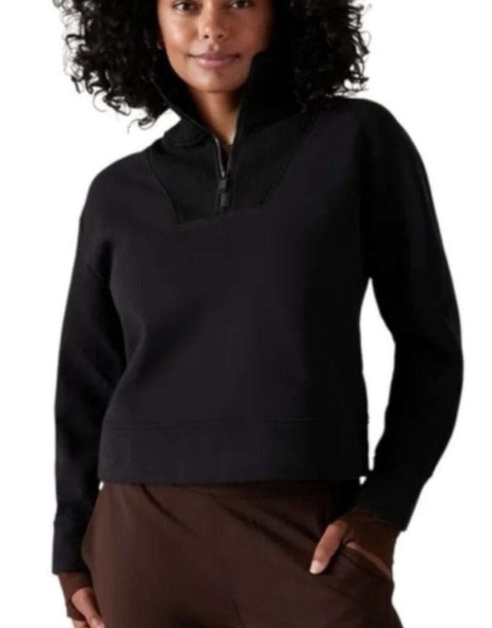 Athleta Retroplush Revive Quarter Zip Pullover Sweatshirt M Black Lounge Fleece